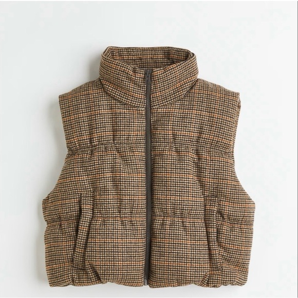 H&M Jackets & Blazers - H&M Cropped Checkered Puffer Vest Brown Beige Orange Small
